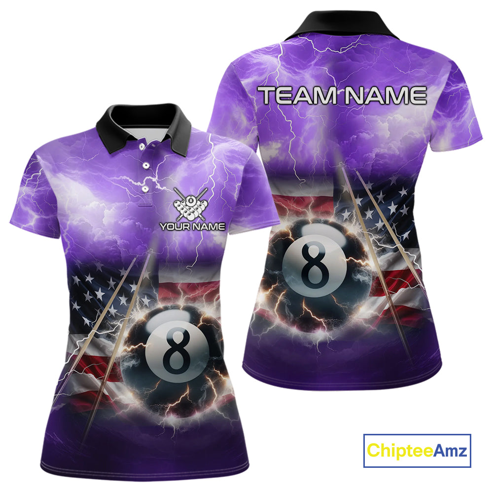 Purple American Flag Thunder Lightning 8 Ball Billiard Shirt For Women Custom Pool Team Jersey TDM4611
