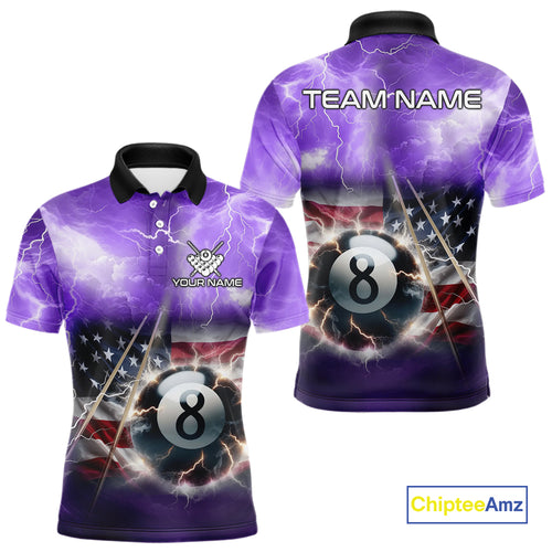 Purple American Flag Thunder Lightning 8 Ball Billiard Shirt For Men Custom Pool Team Jersey TDM4611