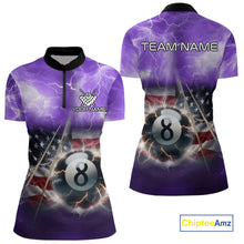 Load image into Gallery viewer, Purple American Flag Thunder Lightning 8 Ball Billiard Shirt For Women Custom Pool Team Jersey TDM4611