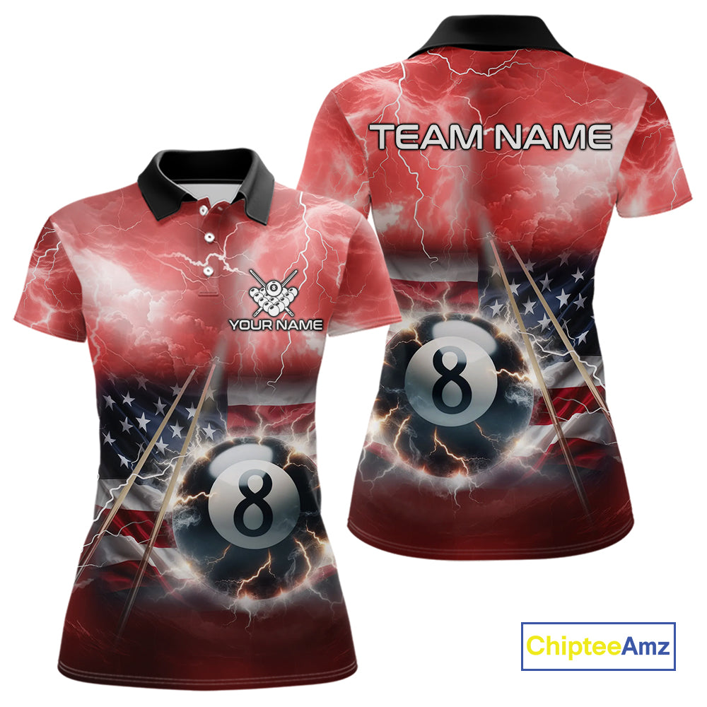 Red American Flag Thunder Lightning 8 Ball Pool Billiard Shirt For Women Custom Billiard Team Jersey TDM4612