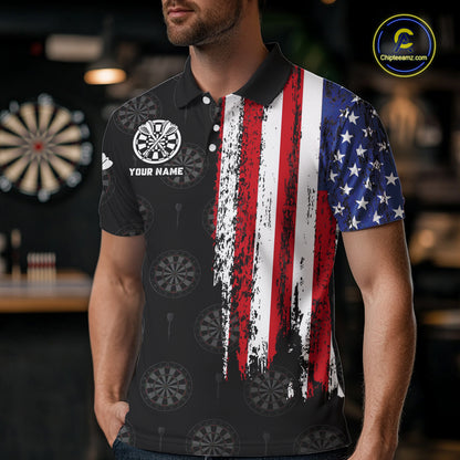 Personalized Grunge American Flag Dart Polo & Quarter Zip For Men Custom Patriotic Darts Jerseys TDM4618