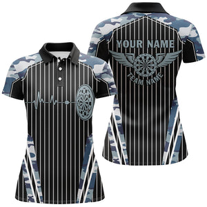 Blue Camo Dartboard Pulse Heartbeat Custom Women Dart Shirts, Funny Wings Cool Dart Team Jerseys TDM2788