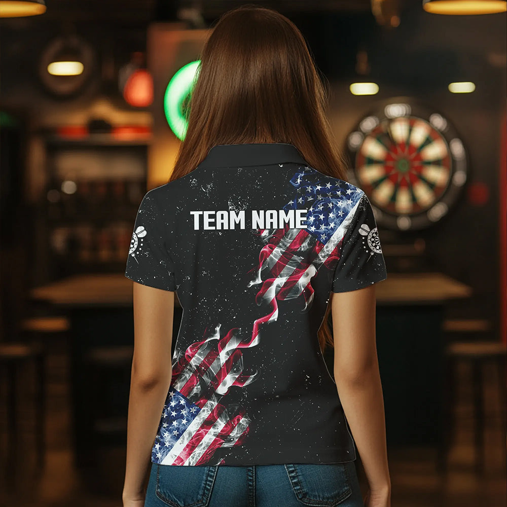 Custom US Flag Smoke Women's Darts Shirt With Pocket, Patriotic Darts Jersey TDM3455