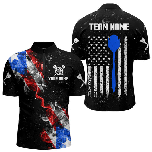 Smoke Puerto Rico US Flag Custom Darts Shirt For Men, Patriotic Darts Jersey Team Polo & 1/4 Zip TDM3456