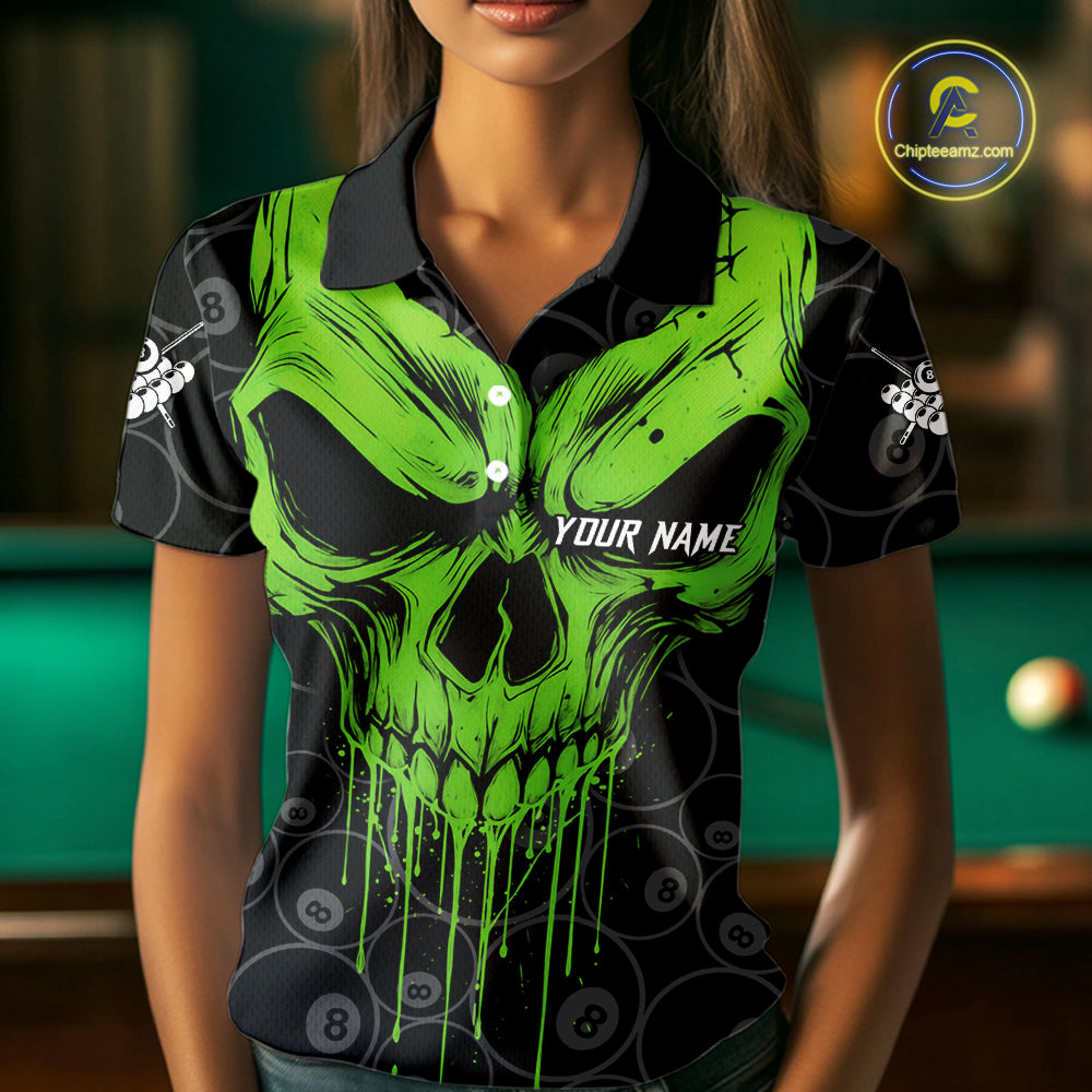 Personalized Skull 8 Ball Billiard Shirt For Women Custom Pool Team Jersey Polo & 1/4 Zip |Green TDM6361