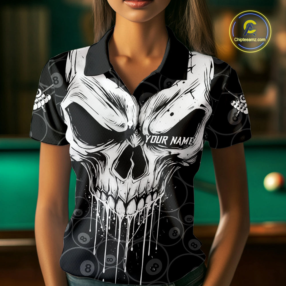 Personalized Skull 8 Ball Billiard Shirt For Women Custom Pool Team Jersey Polo & 1/4 Zip |White TDM6362