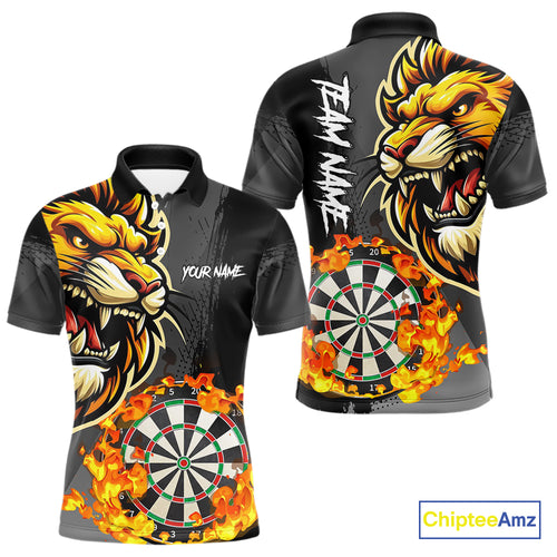 Funny Darts Flame Lion Custom Polo & Quarter-Zip, Personalized Men Dart Shirts Dart Jerseys TDM4033