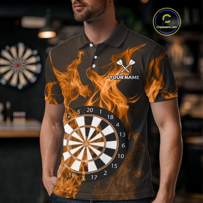 Orange Flaming Dartboard Darts Polo & Quarter Zip Custom Dart Shirts For Men Team Dart Jerseys TDM4229