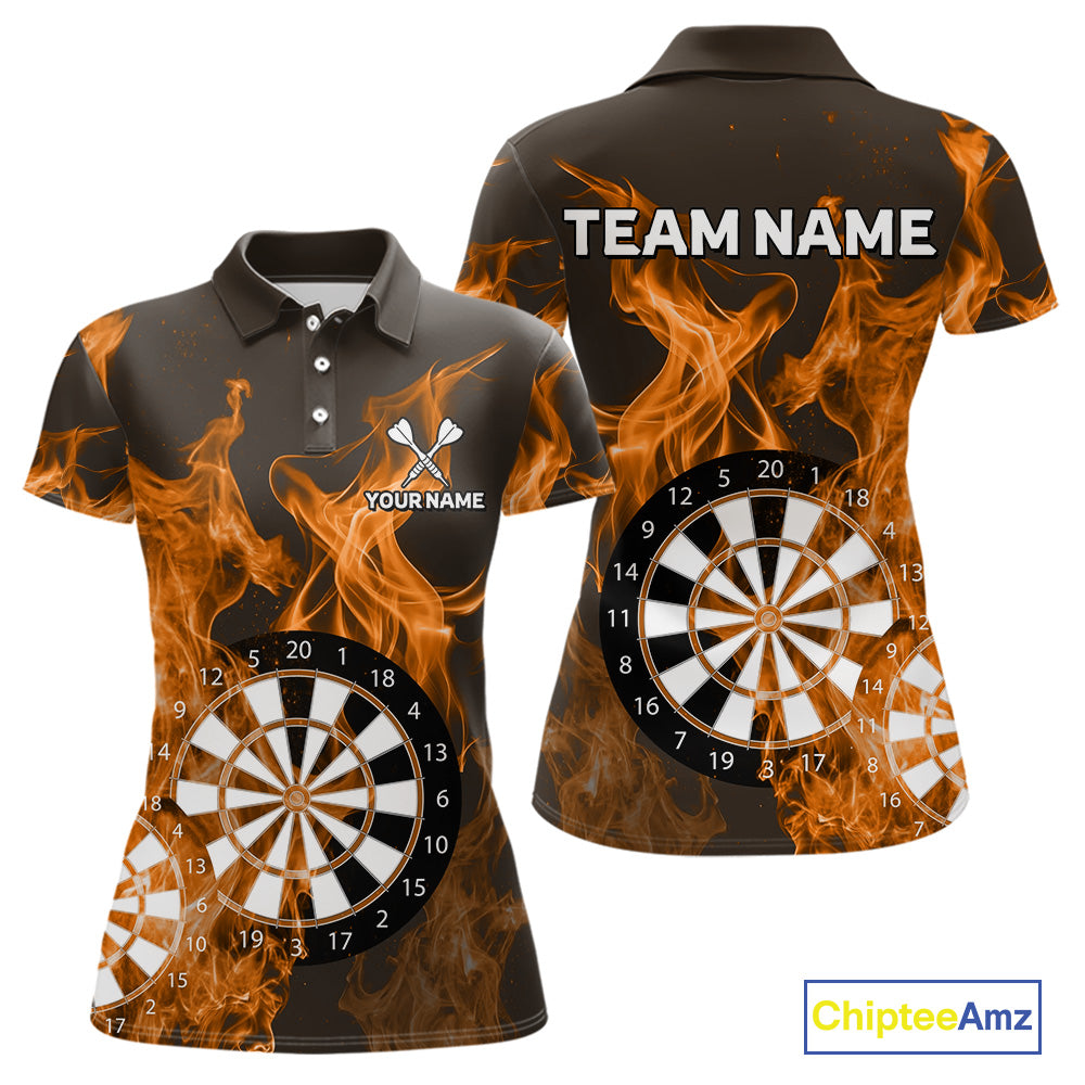 Orange Flaming Dartboard Darts Polo & Quarter Zip Custom Dart Shirts For Women Team Dart Jerseys TDM4229