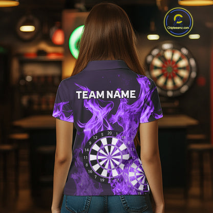 Purple Flaming Dartboard Darts Polo & Quarter Zip Custom Dart Shirts For Women Team Dart Jerseys TDM4230