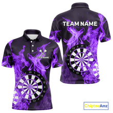 Load image into Gallery viewer, Purple Flaming Dartboard Darts Polo &amp; Quarter Zip Custom Dart Shirts For Men Team Dart Jerseys TDM4230