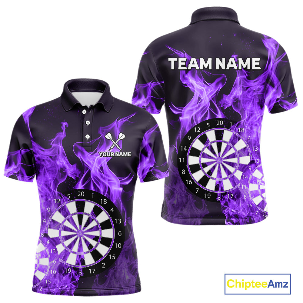 Purple Flaming Dartboard Darts Polo & Quarter Zip Custom Dart Shirts For Men Team Dart Jerseys TDM4230