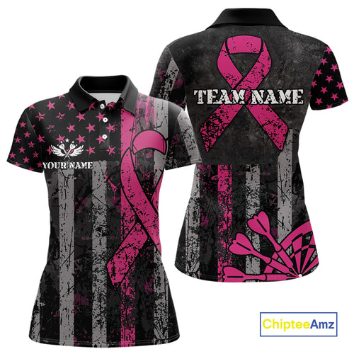 Custom Pink Ribbon Grunge American Flag Patriotic Darts Shirt For Women, Breast Cancer Darts Jersey TDM4623