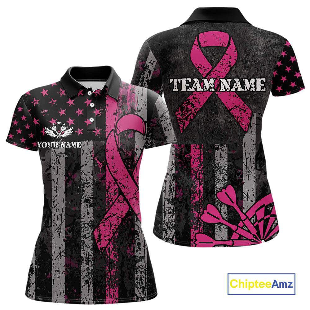 Custom Pink Ribbon Grunge American Flag Patriotic Darts Shirt For Women, Breast Cancer Darts Jersey TDM4623