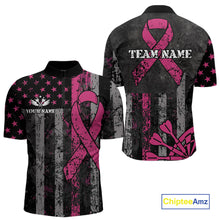 Load image into Gallery viewer, Custom Pink Ribbon Grunge American Flag Patriotic Darts Shirt For Men, Breast Cancer Darts Jersey TDM4623