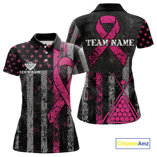 Custom Pink Ribbon Grunge US Flag Billiard Shirt For Women, Patriotic Breast Cancer Pool Team Jersey TDM4624