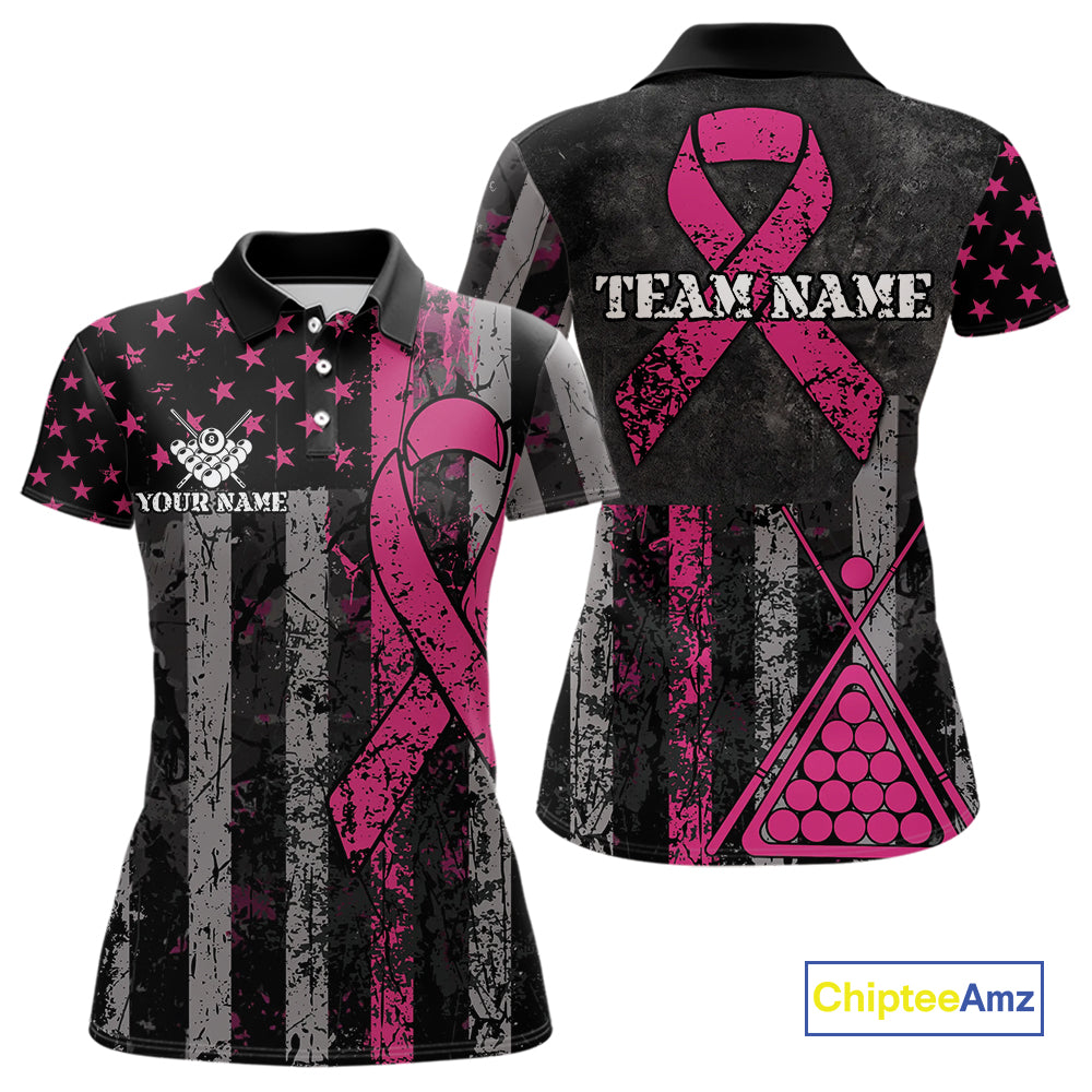 Custom Pink Ribbon Grunge US Flag Billiard Shirt For Women, Patriotic Breast Cancer Pool Team Jersey TDM4624