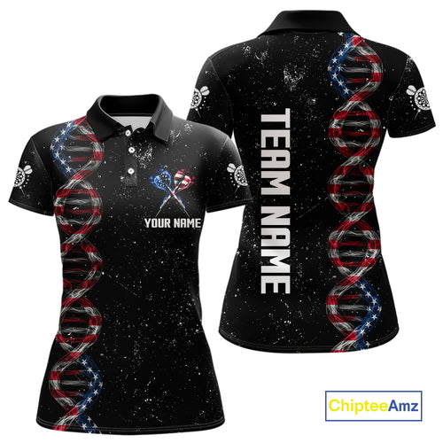 Custom Women's Black Grunge DNA American Flag Smoke Darts Shirt, Patriotic Dart Jersey Polo, 1/4 Zip TDM4628