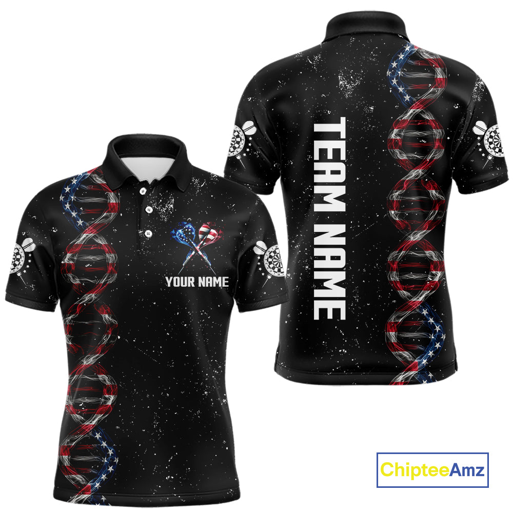 Custom Men's Black Grunge DNA American Flag Smoke Darts Shirt, Patriotic Dart Jersey Polo, 1/4 Zip TDM4628