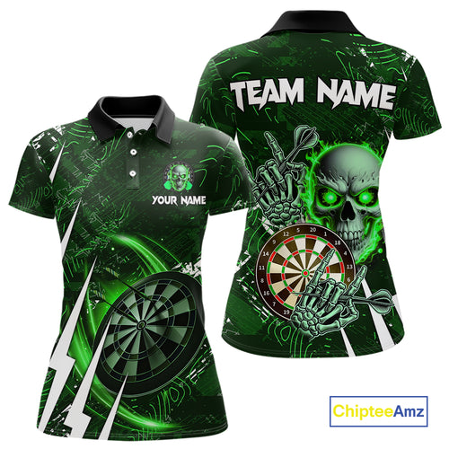 Green 3D Skull Darts Polo & 1/4 Zip For Women Custom Darts League Team Jersey, Best Darts Gifts TDM4829