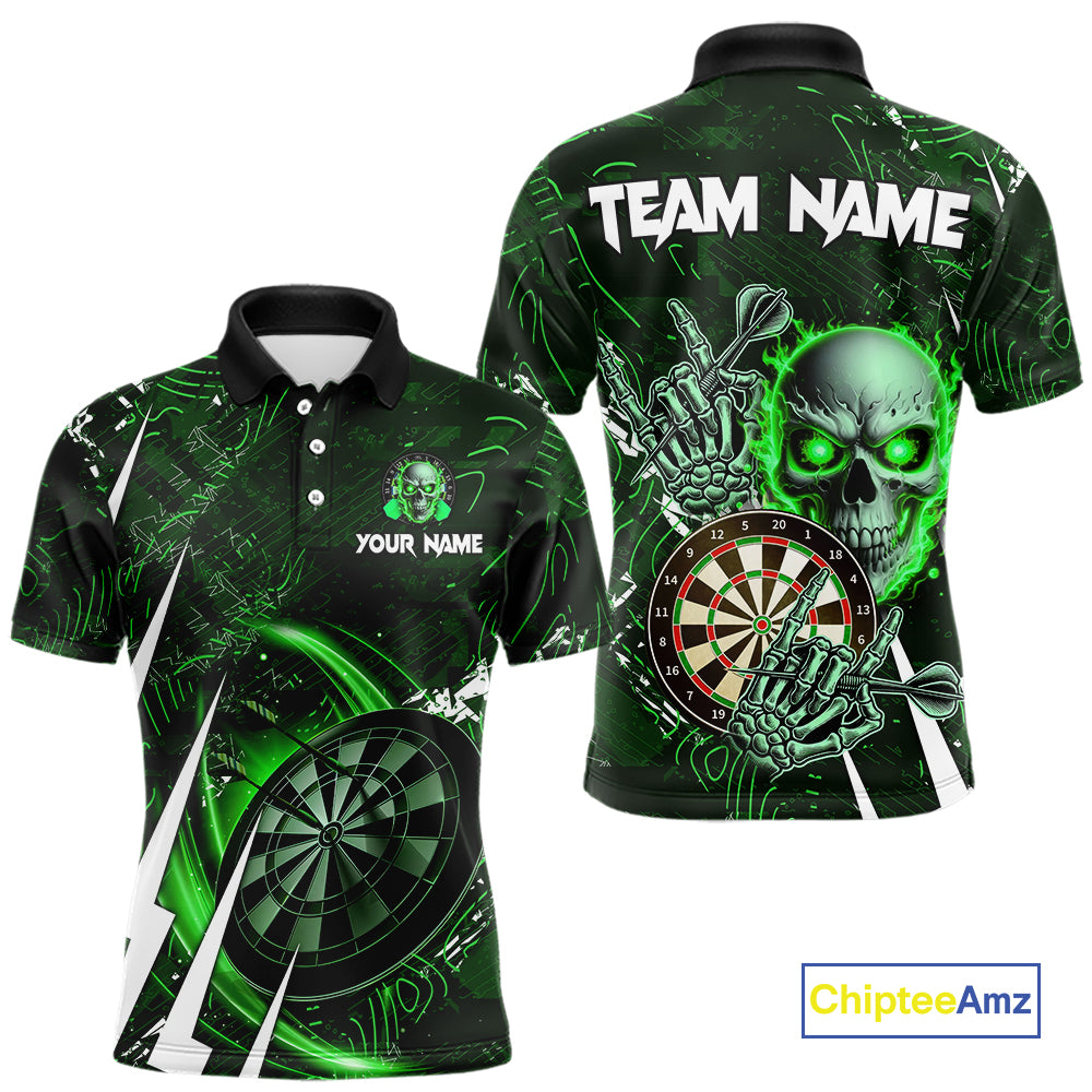 Green 3D Skull Darts Polo & 1/4 Zip For Men Custom Darts League Team Jersey, Best Darts Gifts TDM4829