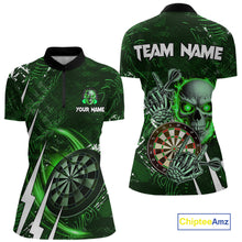 Load image into Gallery viewer, Green 3D Skull Darts Polo &amp; 1/4 Zip For Women Custom Darts League Team Jersey, Best Darts Gifts TDM4829