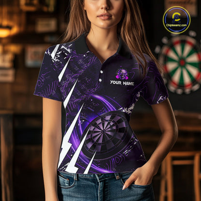 Purple 3D Skull Darts Polo & 1/4 Zip For Women Custom Darts League Team Jersey, Best Darts Gifts TDM4830