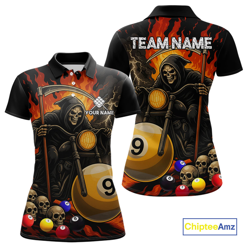 Personalized Grim Reaper Motorcycle Billiards Shirt For Women Custom Funny 9 Ball Pool Team Jersey TDM5264