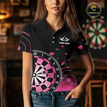 Load image into Gallery viewer, Pink And Black Darts Wings Polo &amp; Quarter Zip Custom Darts Shirt For Women, Valentine Darts Gifts TDM5765