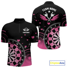 Load image into Gallery viewer, Pink And Black Darts Wings Polo &amp; Quarter Zip Custom Darts Shirt For Men, Valentine Darts Gifts TDM5765