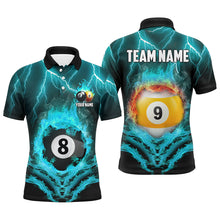 Load image into Gallery viewer, Billiard 8 Ball &amp; 9 Ball Fire Lightning Men Polo &amp; 1/4 Zip Shirts Custom Billiard Jersey |Turquoise TDM1644