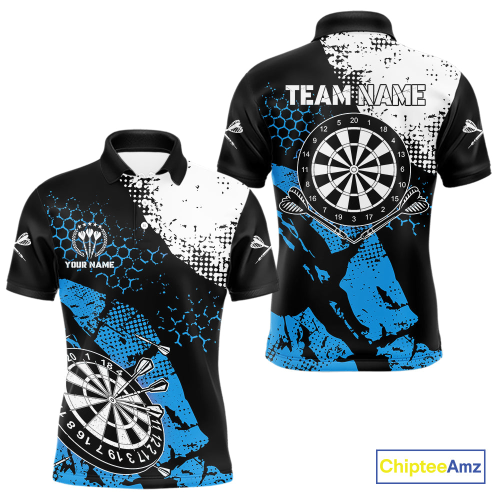 Retro Black Blue Grunge Pattern Darts Polo, Quarter Zip Custom Men Dart Shirt Team Dart Jersey TDM4040