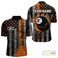 Load image into Gallery viewer, Custom Orange Grunge US Flag Patriotic Billiard Shirts For Men, Retro 8 Ball Pool Billiard Jersey TDM4046
