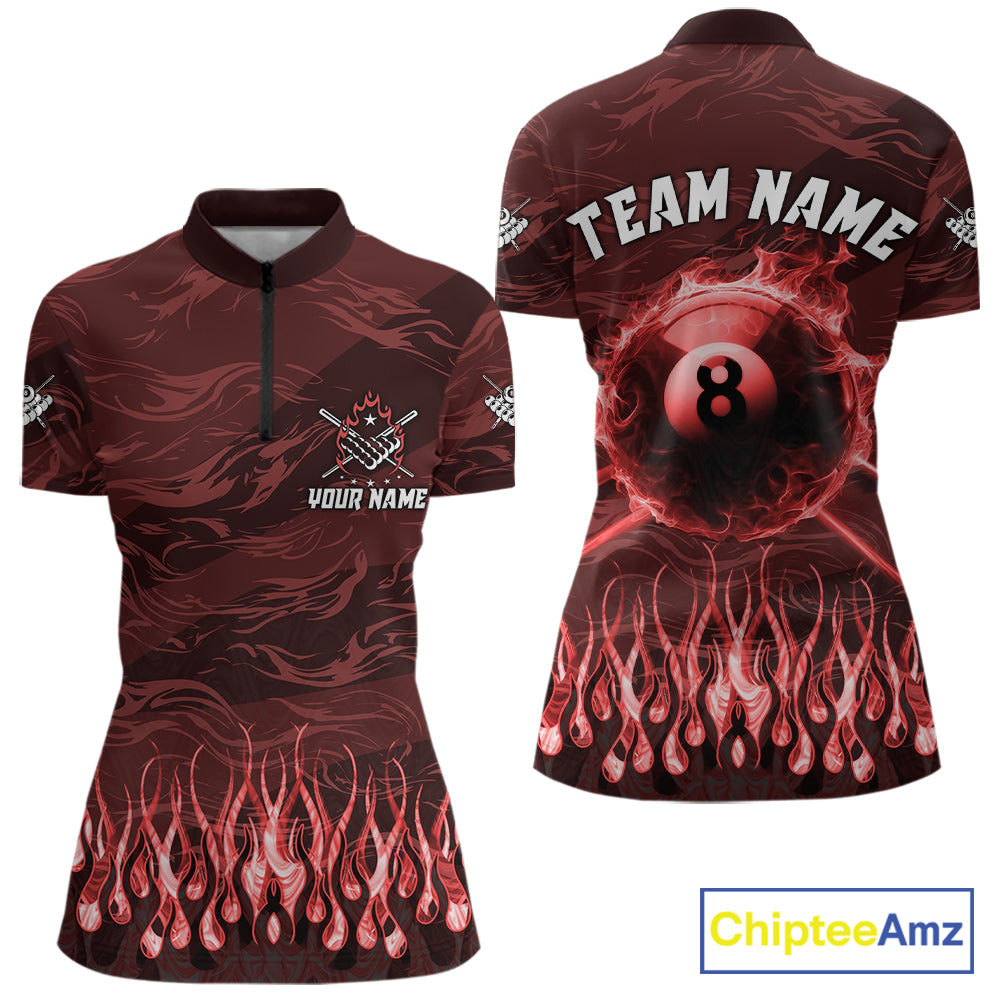 Personalized Red Flaming 8 Ball Pool Fire Quarter Zip Billiard Shirt Created for Pool League Teams with Premium Performance Fabric and Custom Jersey Design