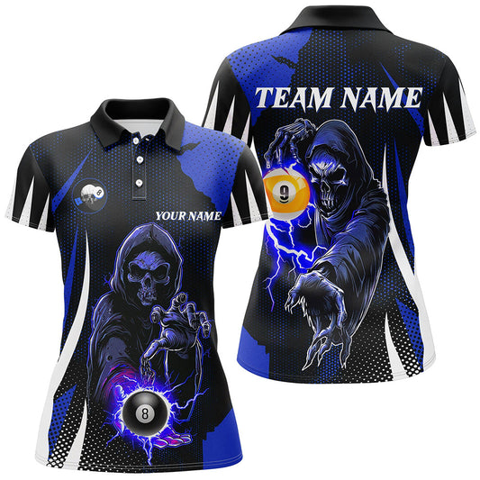 Funny Blue Grim Reaper 8 Ball & 9 Ball Billiard Shirts For Women Custom League Billiard Jerseys TDM2284