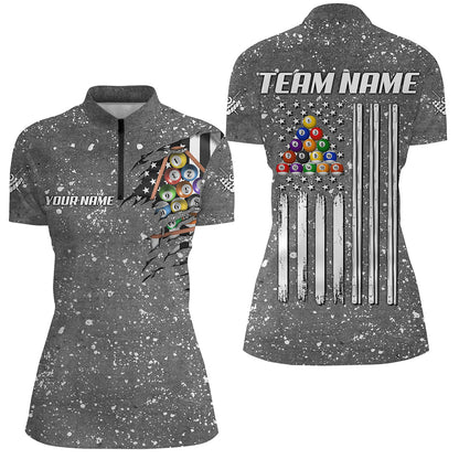Personalized Grey Grunge American Flag Billiard Shirts For Women, Patriotic Billiard Pool Jerseys TDM3281