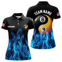 Load image into Gallery viewer, Blue Flaming Ying And Yang 8 Ball &amp; 9 Ball Billiard Shirts For Women Custom Pool Billiard Jerseys TDM3617