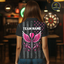 Load image into Gallery viewer, Custom Pink Ribbon Wings Darts Shirt For Women, US Flag Breast Cancer Darts Jersey Polo &amp; 1/4 Zip TDM6377