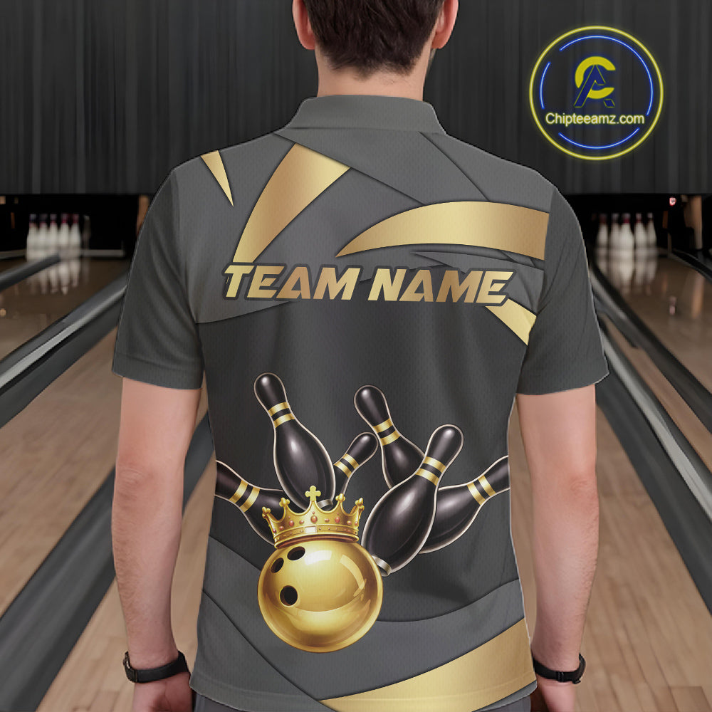 Black And Gold Bowling Shirt For Men Custom Crown Bowling Jersey, Bowling League Polo & 1/4 Zip TDM6379