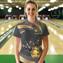 Load image into Gallery viewer, Black And Gold Bowling Shirt For Women Custom Crown Bowling Jersey, Bowling League Polo &amp; 1/4 Zip TDM6379