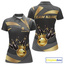 Load image into Gallery viewer, Black And Gold Bowling Shirt For Women Custom Crown Bowling Jersey, Bowling League Polo &amp; 1/4 Zip TDM6379