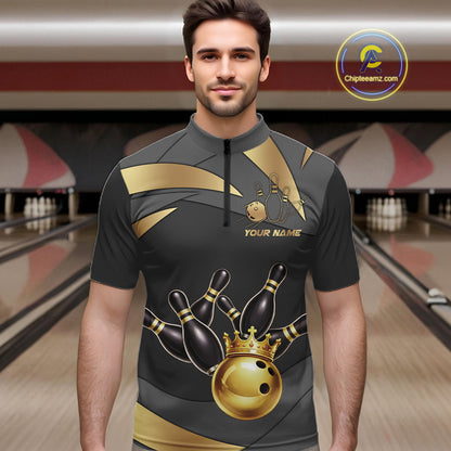 Black And Gold Bowling Shirt For Men Custom Crown Bowling Jersey, Bowling League Polo & 1/4 Zip TDM6379