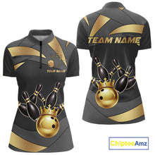 Load image into Gallery viewer, Black And Gold Bowling Shirt For Women Custom Crown Bowling Jersey, Bowling League Polo &amp; 1/4 Zip TDM6379