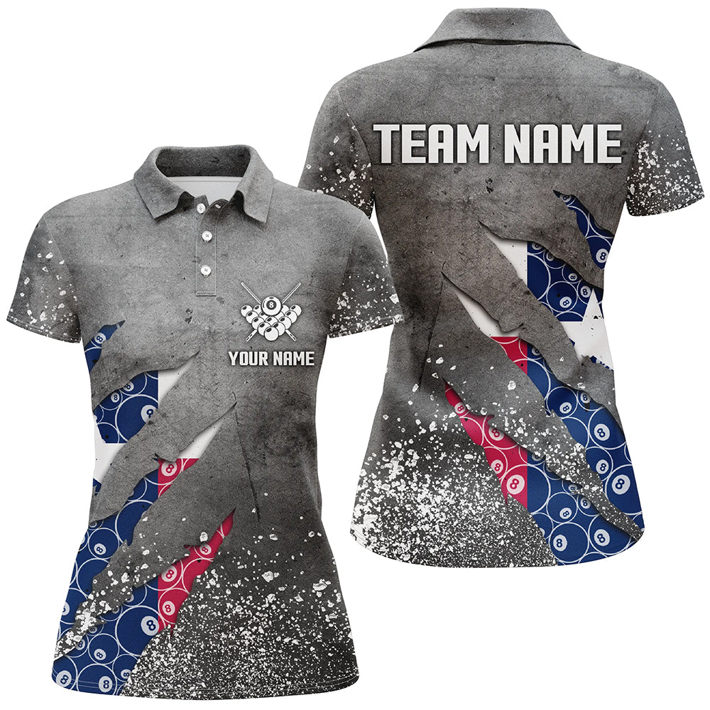 Custom Ball 8 Texas Flag Grey Grunge Women Billiard Polo & 1/4 Zip Shirt Best Billiard Team Jersey TDM1651
