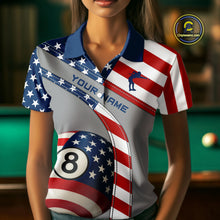 Load image into Gallery viewer, Custom Women's 8 Ball Billiard Shirts, American Flag Polo &amp; 1/4 Zip Patriotic Pool Team Jerseys TDM4055