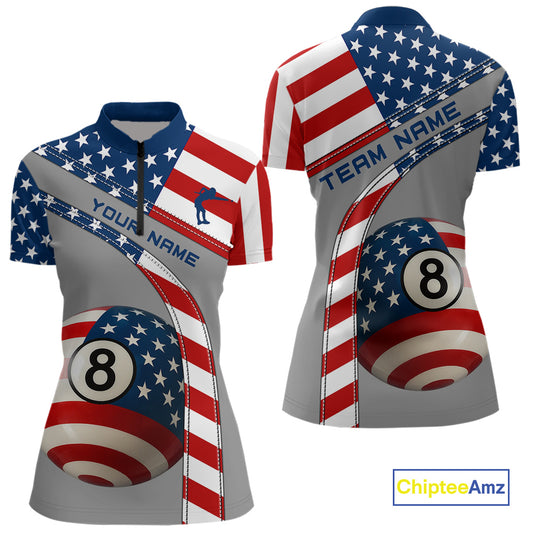 Custom Women's 8 Ball Billiard Shirts, American Flag Polo & 1/4 Zip Patriotic Pool Team Jerseys TDM4055