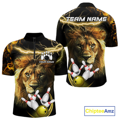 Personalized yellow lightning thunder lion bowling team jersey quarter zip shirt for men featuring yellow lightning lion graphics, premium custom bowling apparel.