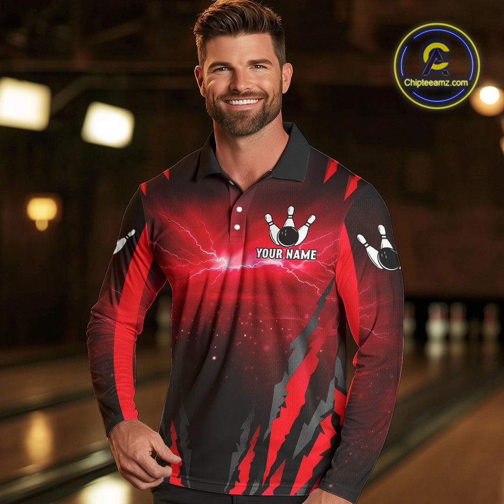 Personalized Thunder Lightning Cobra Snake Bowling Shirts For Men, Red Bowling Team Jersey TDM4644