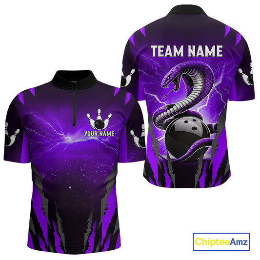 Personalized Purple Thunder Lightning Cobra Snake Bowling Shirts For Men, Bowling Team Jersey TDM4645