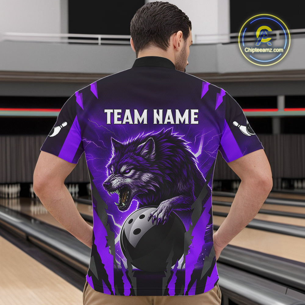 Purple Thunder Lightning Custom Wolf Bowling Shirts For Men, Bowling Team Jersey Polo & 1/4 Zip TDM4646